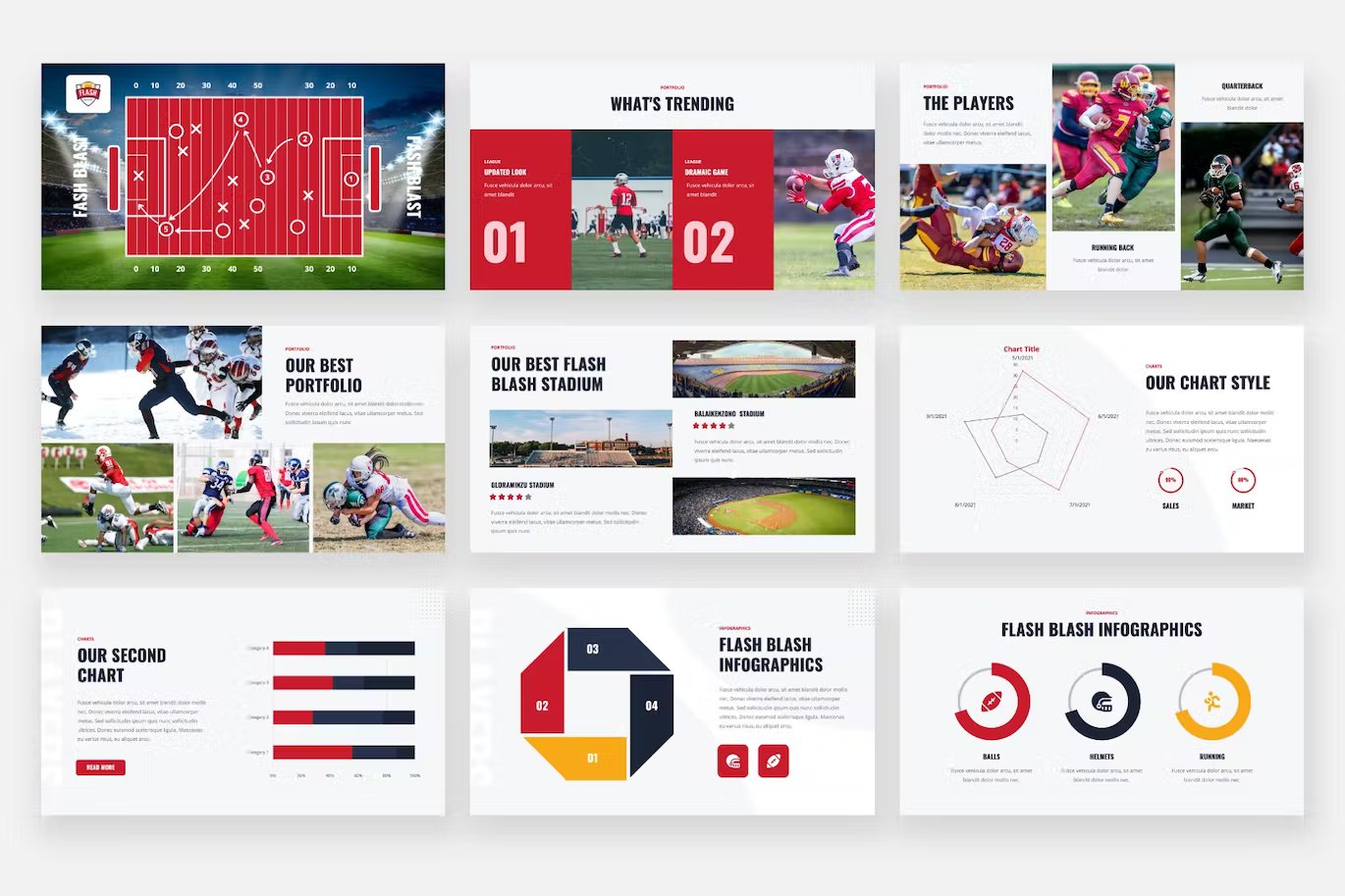 A set of 9 different flash blast – american football sport powerpoint templates in red, gray and black on a gray background.