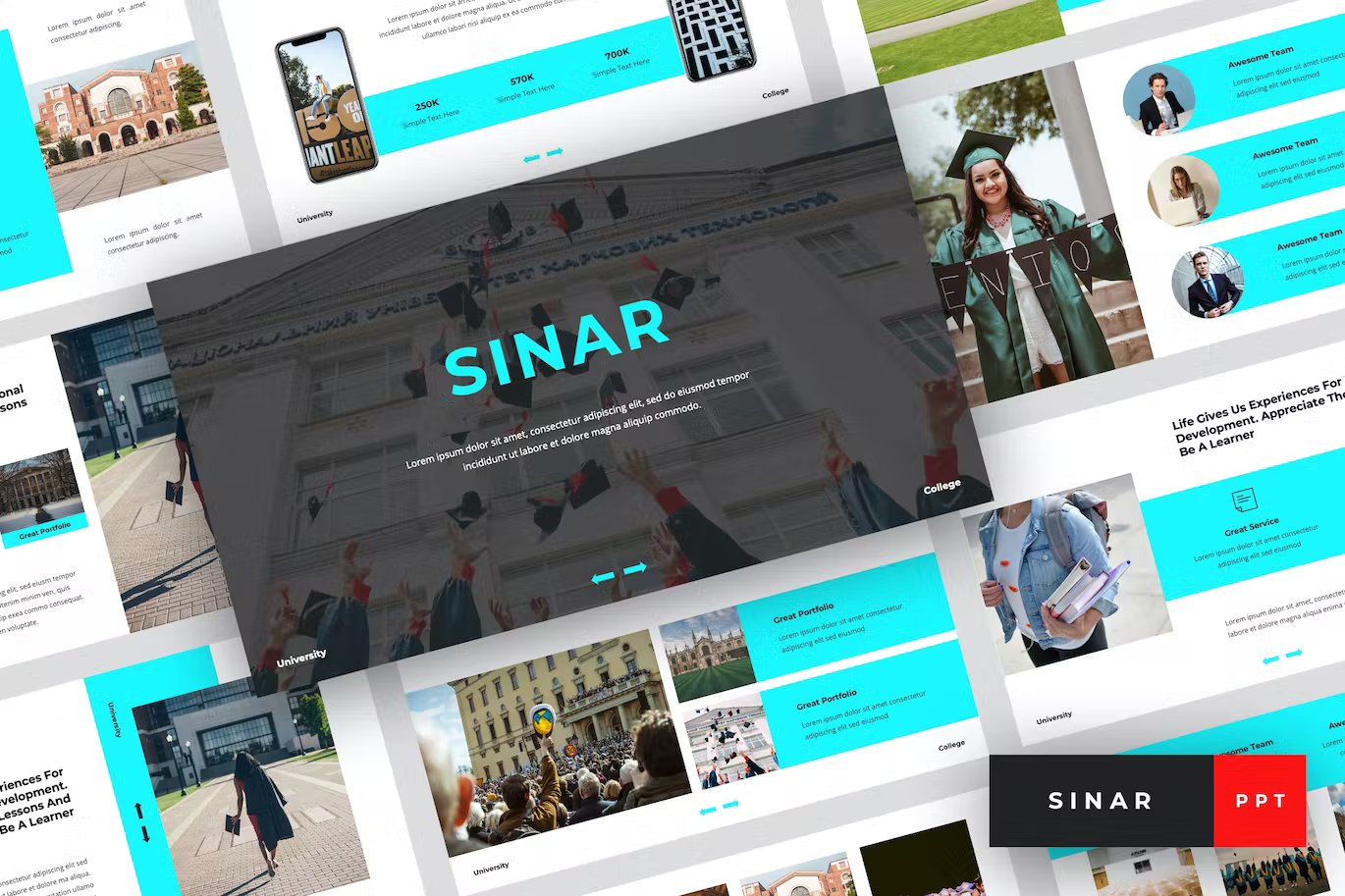A set of different sinar universiteit presentation templates in light blue, white, gray and black on a gray background.