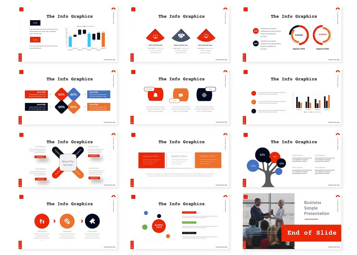 A set of 12 different high profits keynote templates in black, white, orange, blue and red on a white background.
