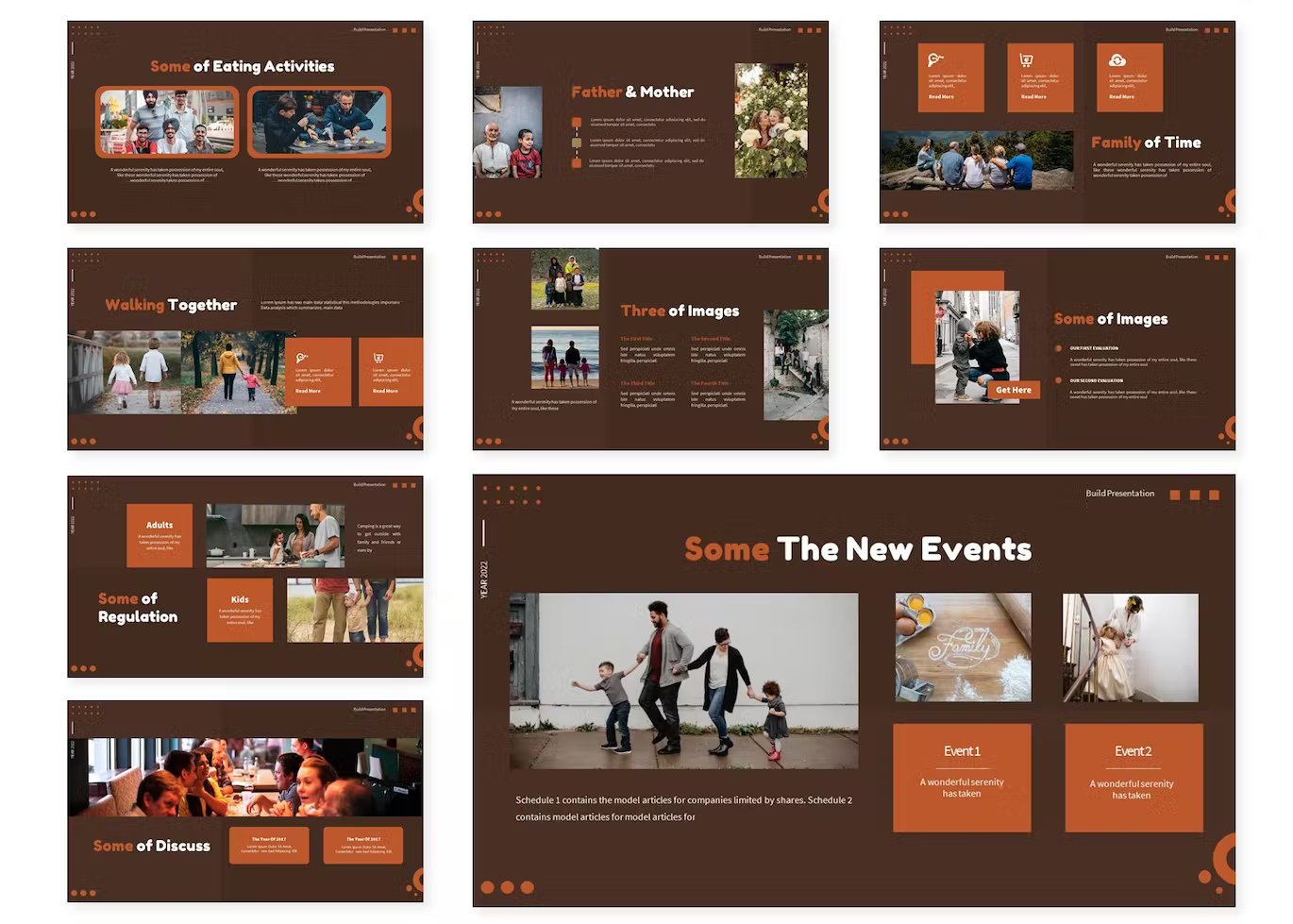 A set of 9 different family pages google slides templates in brown, orange and white on a white background.