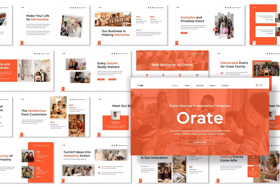 A set of orate event planner presentation templates in red, orange, white and black on a white background.