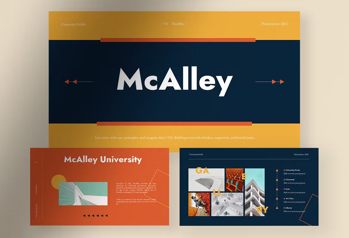 3 different mcalley creative university profile presentation templates in orange, white, yellow and dark blue on a beige background.