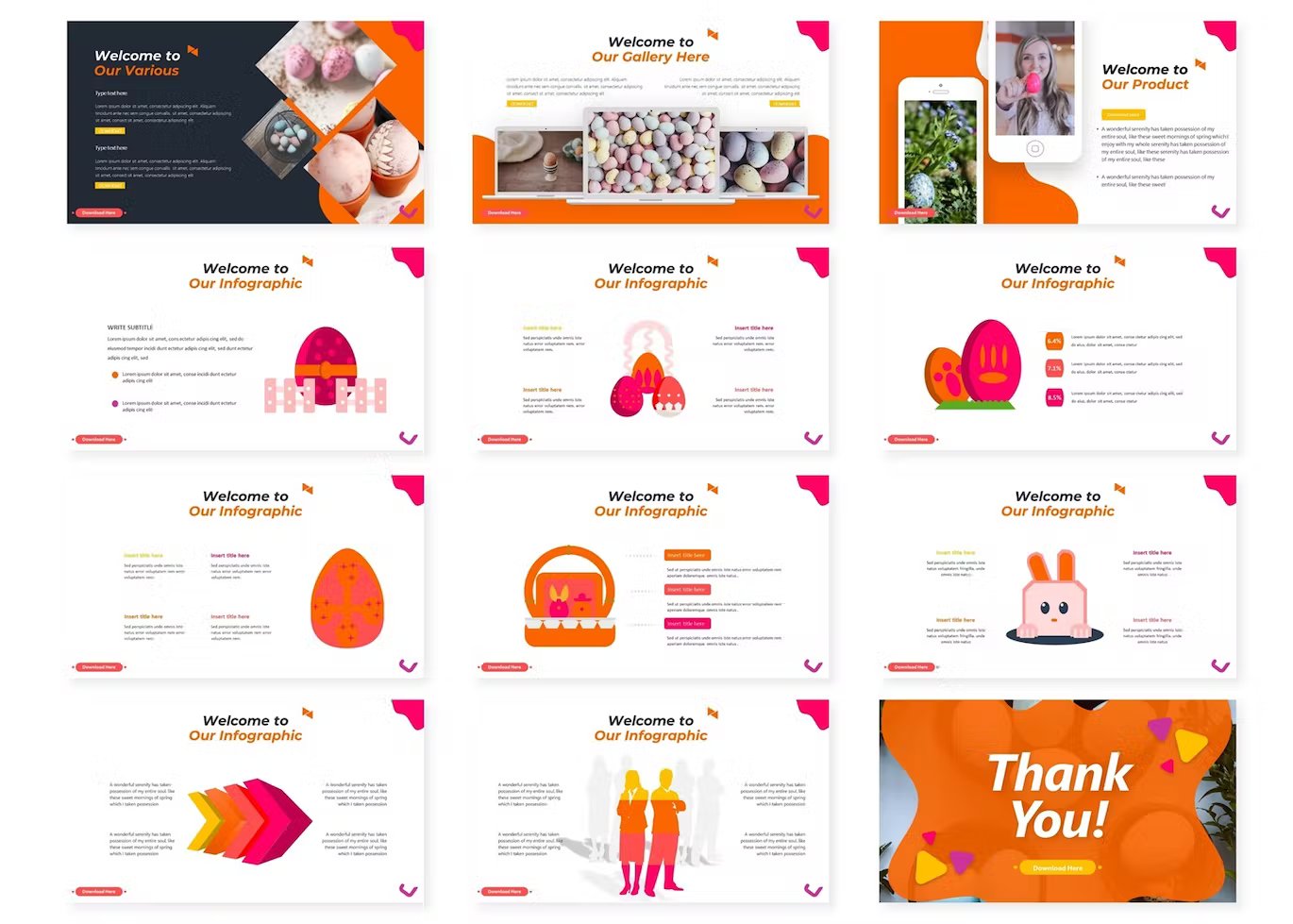 A set of 12 different the easter google slides templates in orange, white, dark gray, yellow and pink on a white background.