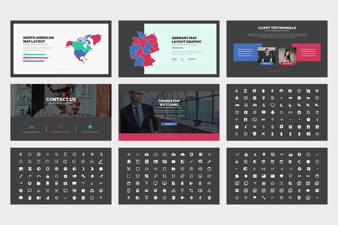5 slides for maps and contacts and 4 slides with white icons on a black background.
