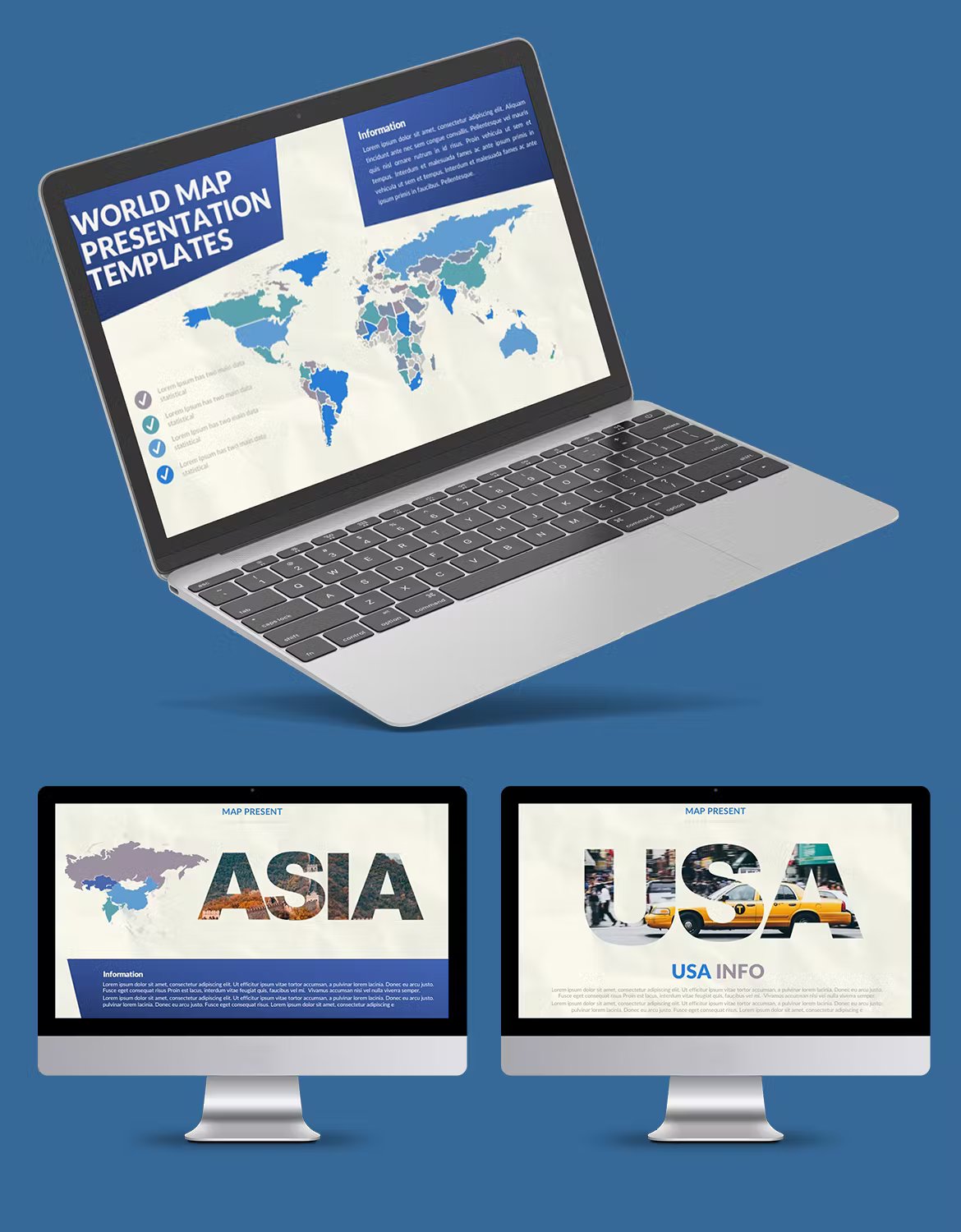 A mockup MacBook and 2 IMac mockups with different assign powerpoint templates on a blue background.