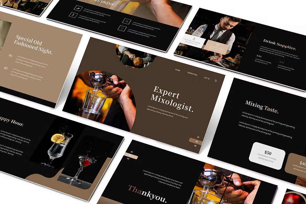 A set of presentation templates to describe drink supplier and mixing taste.