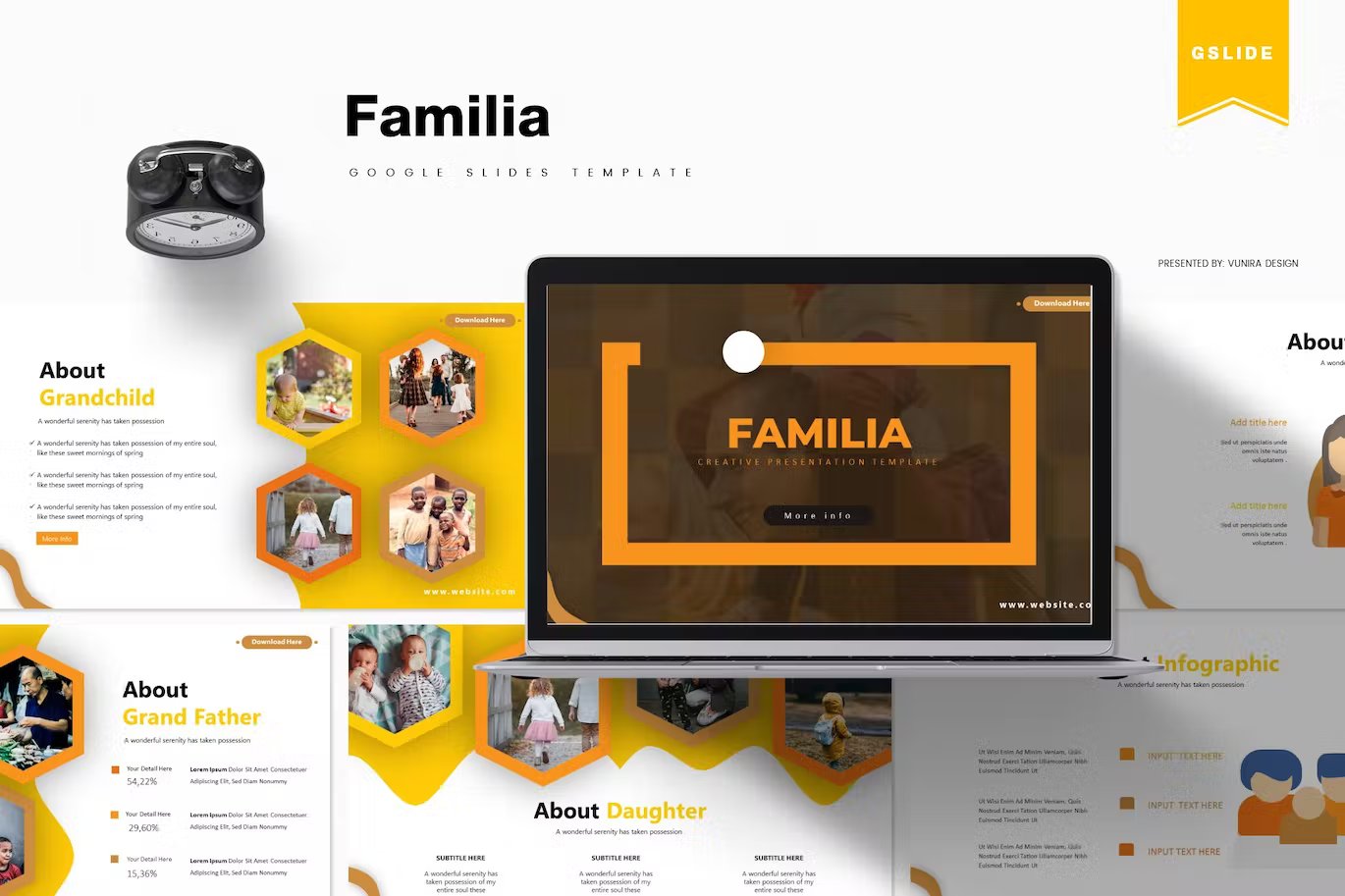 Black lettering "Familia Google Slides Template" and different familia google slides templates in yellow, white, orange, olive and black on a white background.