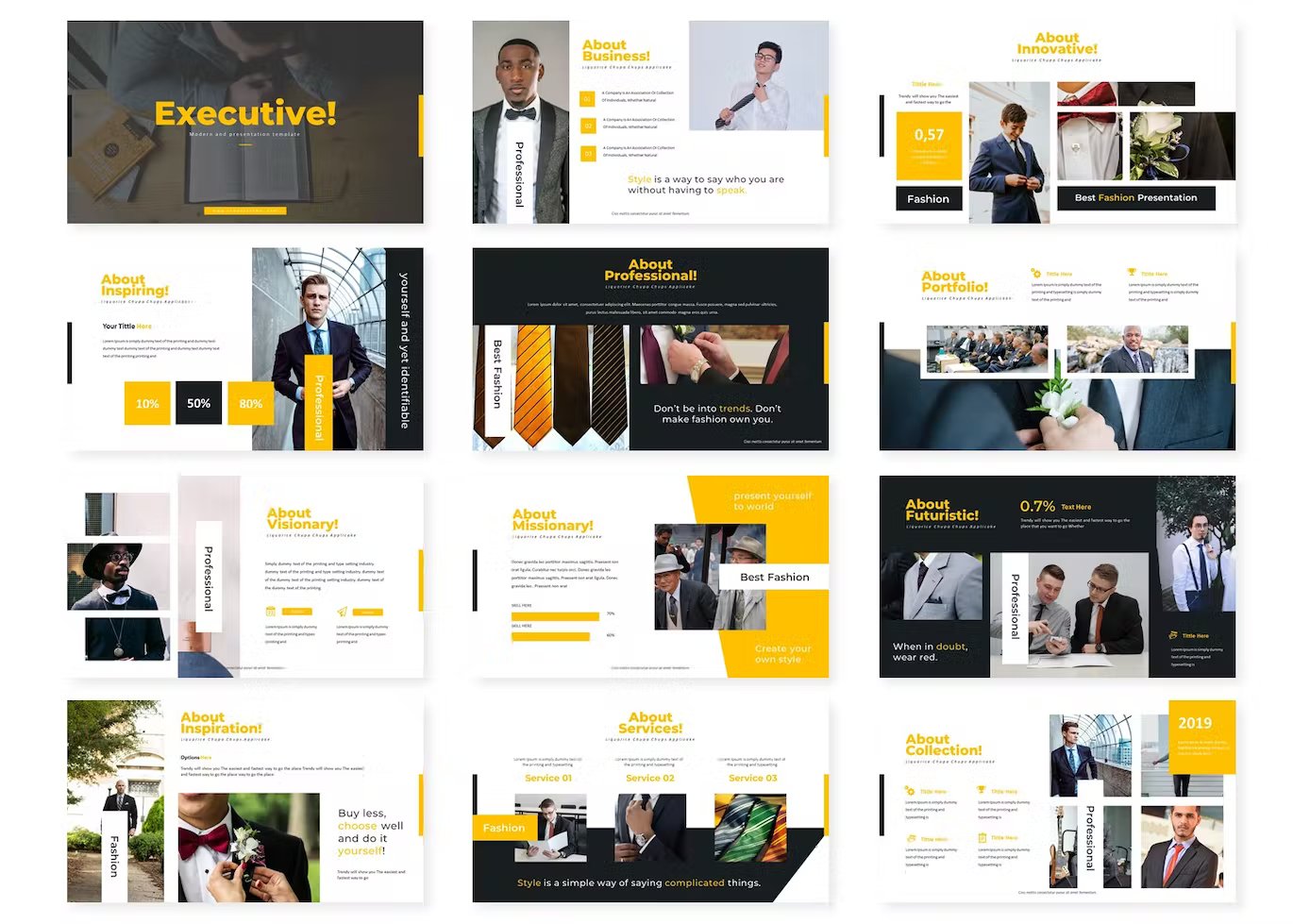 A set of 12 different executive - powerpoint templates in black, white and yellow on a white background.