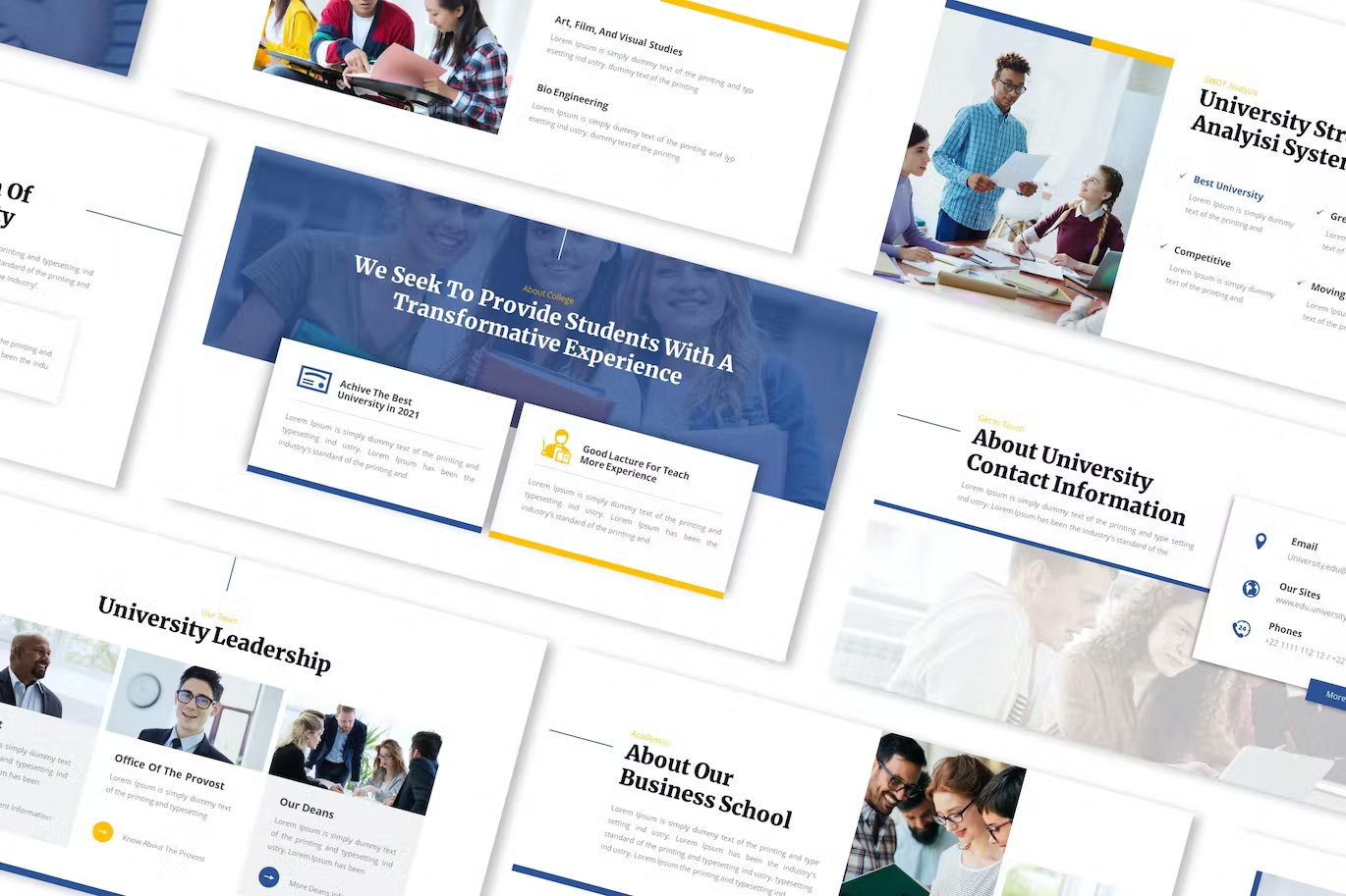 A set of different higher education presentation templates in white, blue, yellow and black on a white background.