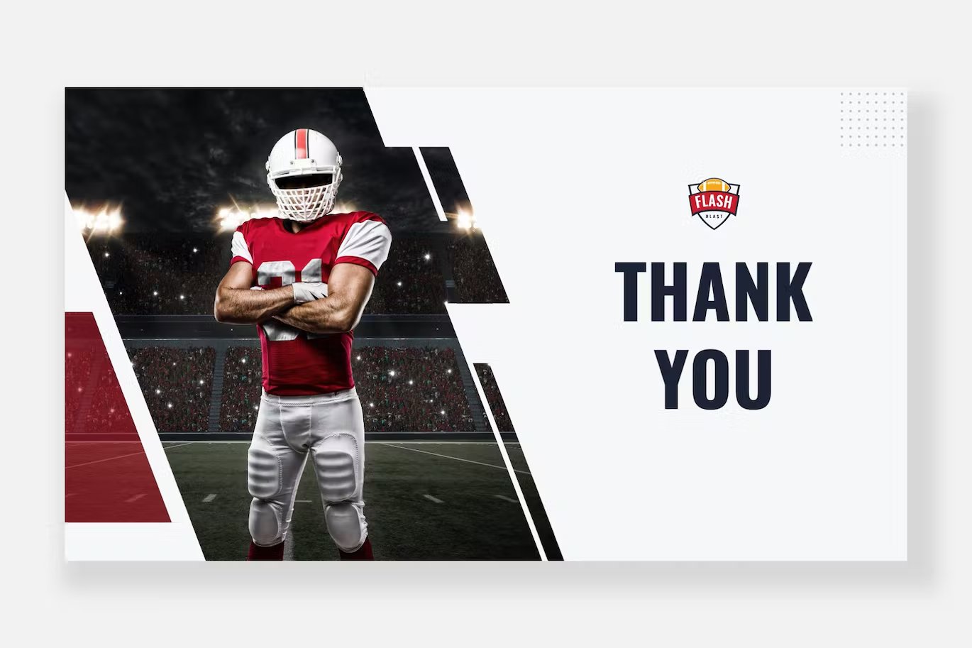 American football sport powerpoint template with black lettering "Thank you" on a gray background.