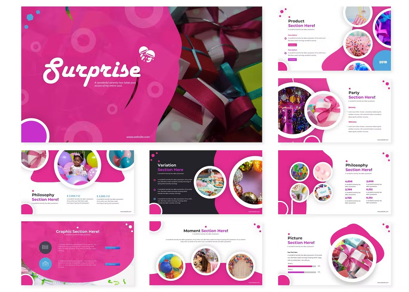 A set of 9 different surprise powerpoint templates in white, black and pink on a white background.