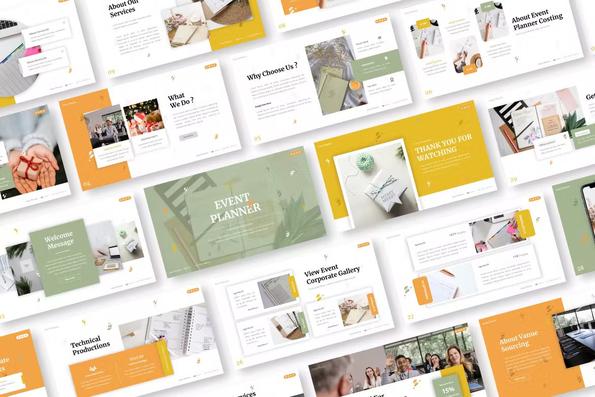 A set of event planner powerpoint presentation templates in white, mint, yellow and black on a white background.