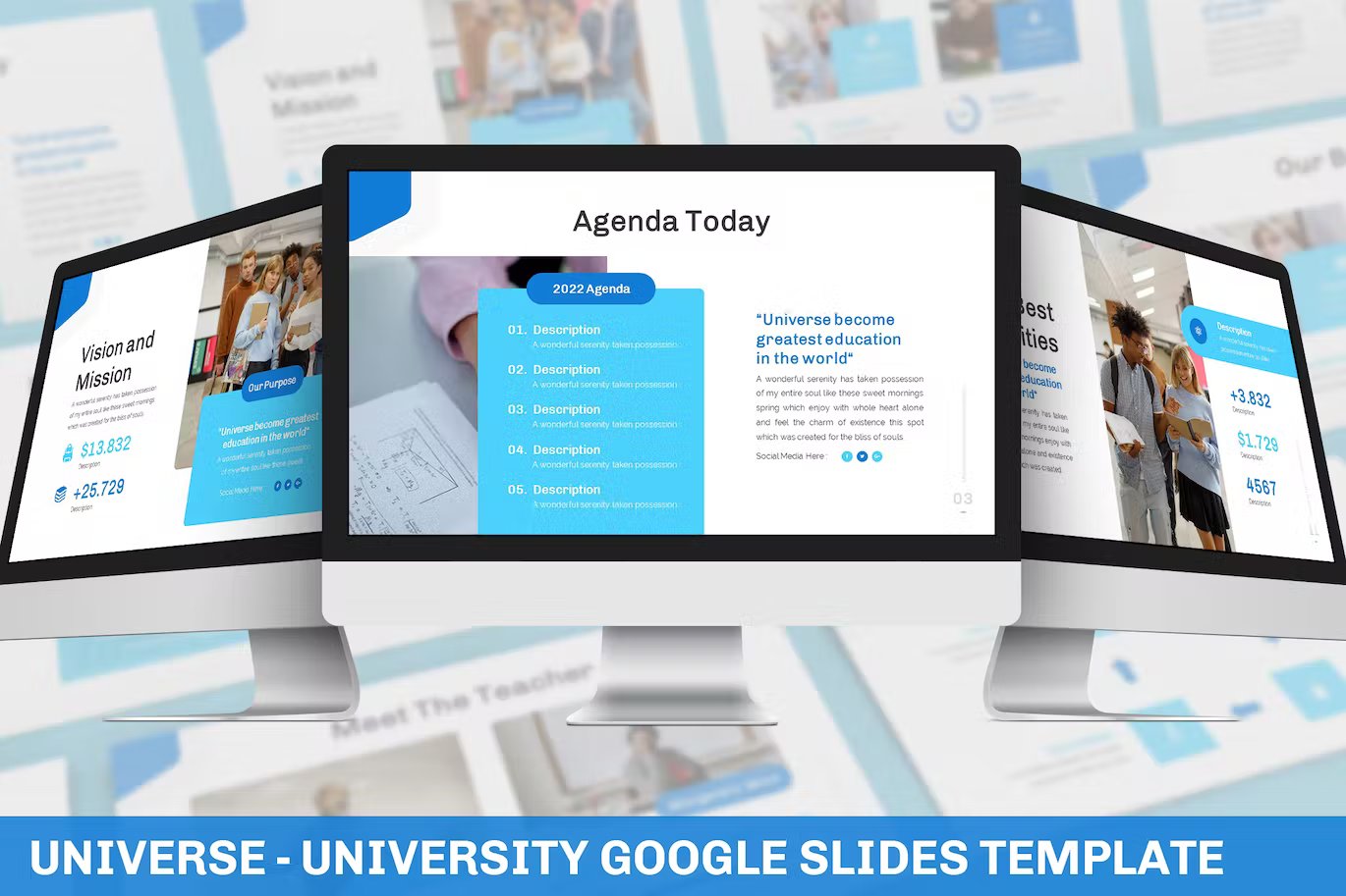 White lettering "Universe - University Google Slides Template" on a blue background and 3 mockups IMac with different universe university google slide templates in blue, white, light blue and black.