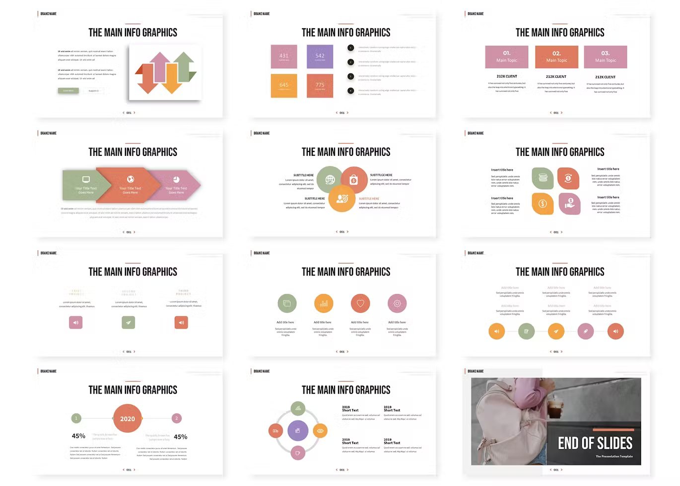 A set of 12 different bag accessed presentation templates in pink, white, green, purple, yellow and black on a white background.