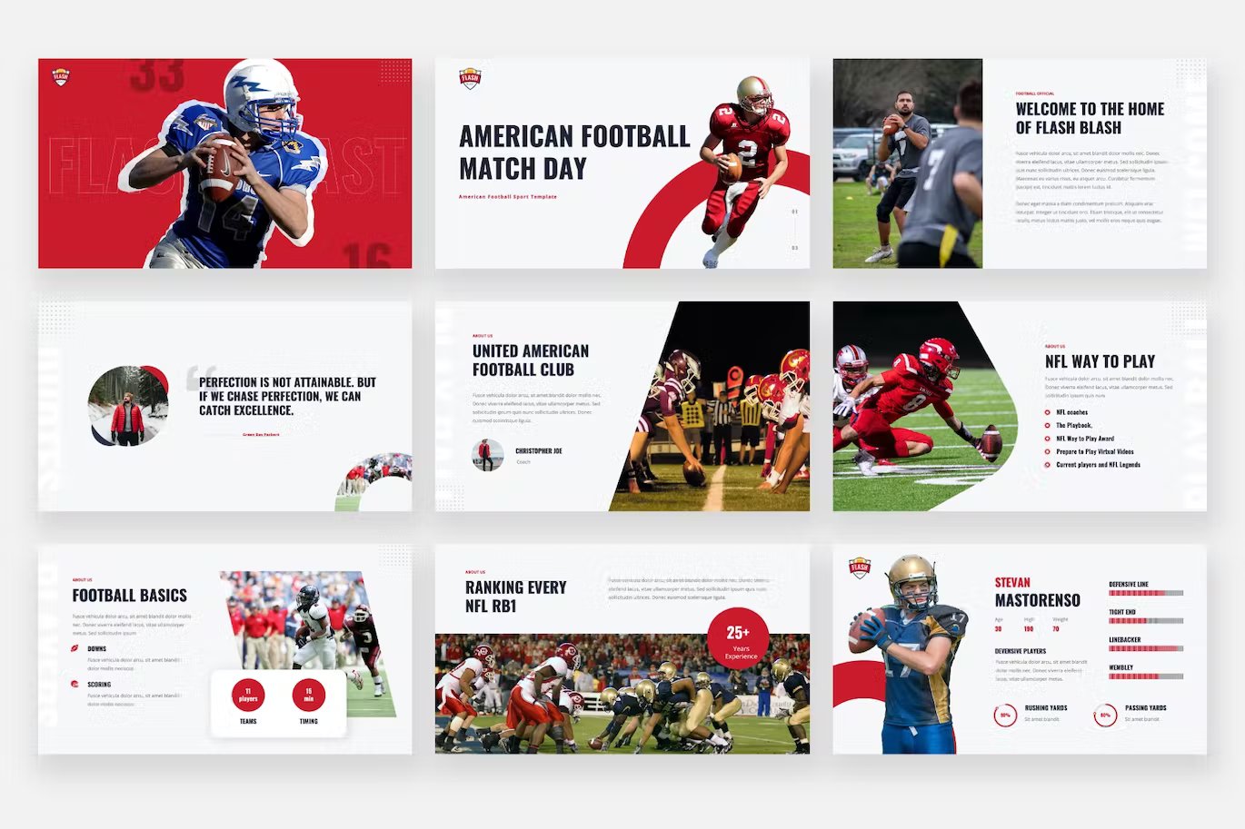 A set of 9 different flash blast – american football sport powerpoint templates in red, gray, black and blue on a gray background.