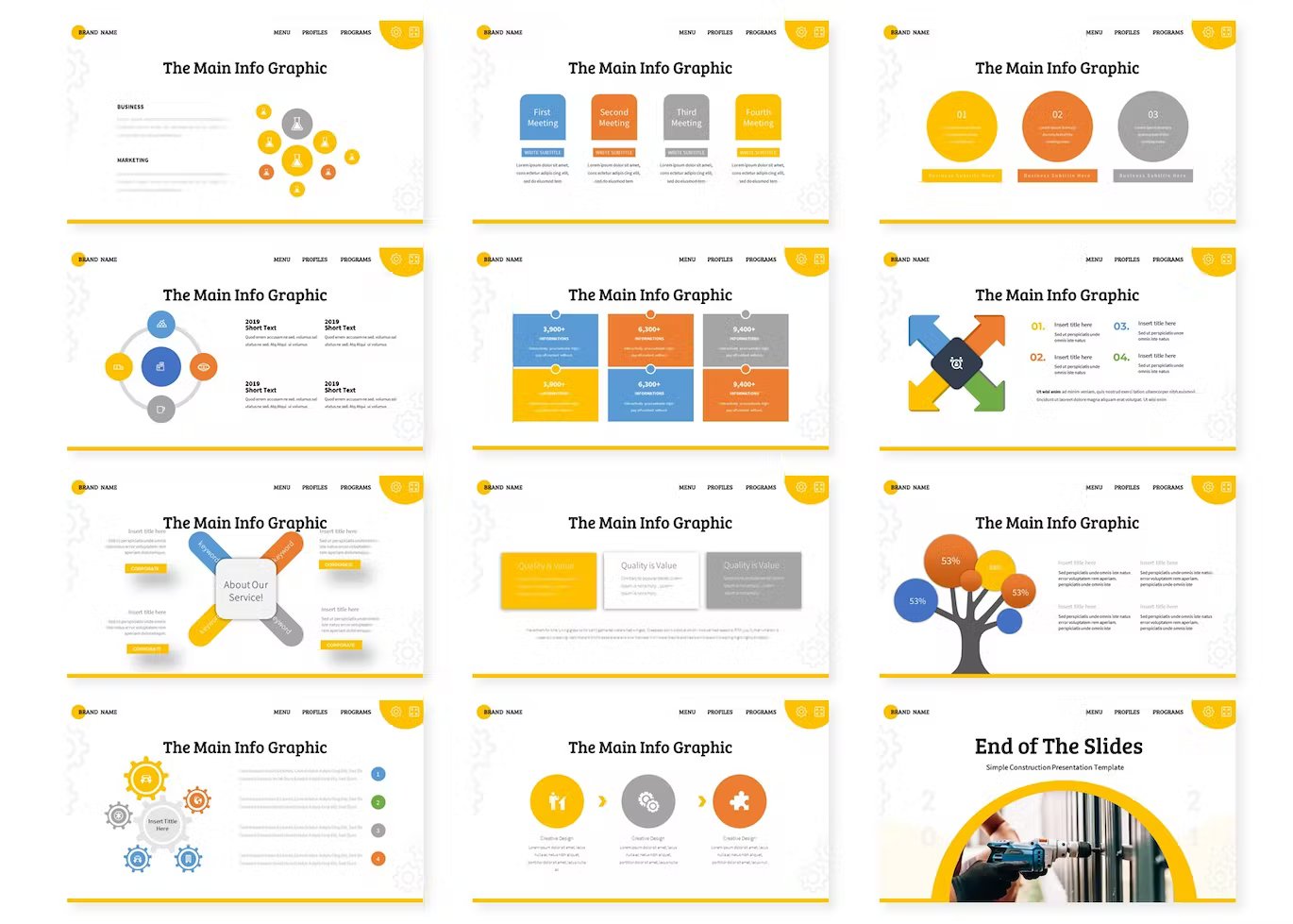 A set of 12 different project to construct presentation templates in white, yellow, gray, blue, orange and black on a white background.