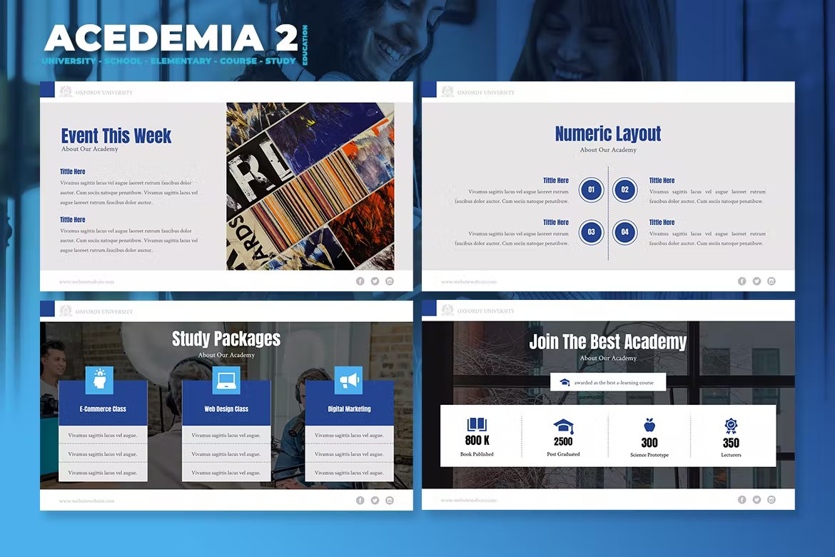 White lettering "Acedemia 2" and a set of 4 different academia university school presentation templates in white, blue and gray on a blue background.