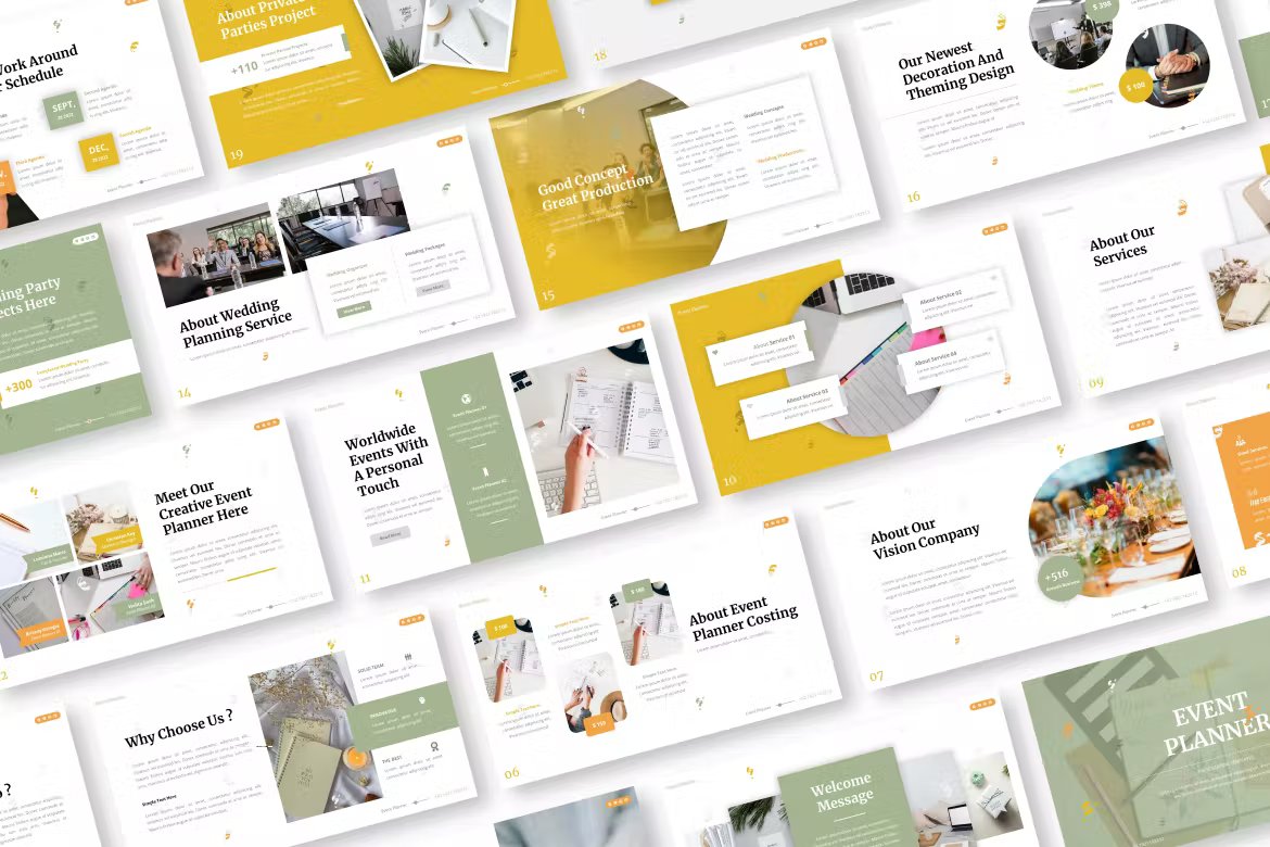 A set of different event planner powerpoint presentation templates in white, mint, yellow and black on a white background.