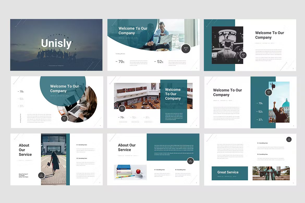 A set of 9 different unisly university education presentation templates in turquoise, white, blue and black on a gray background.