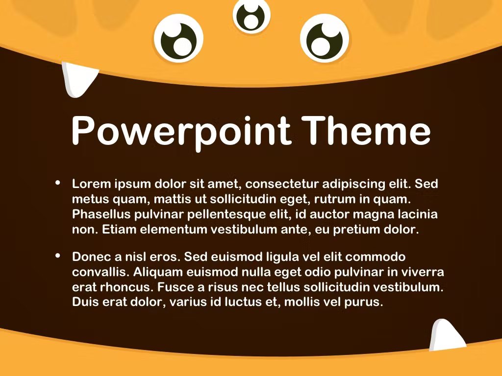 White lettering "Powerpoint Theme" on a brown background in a orange critter.