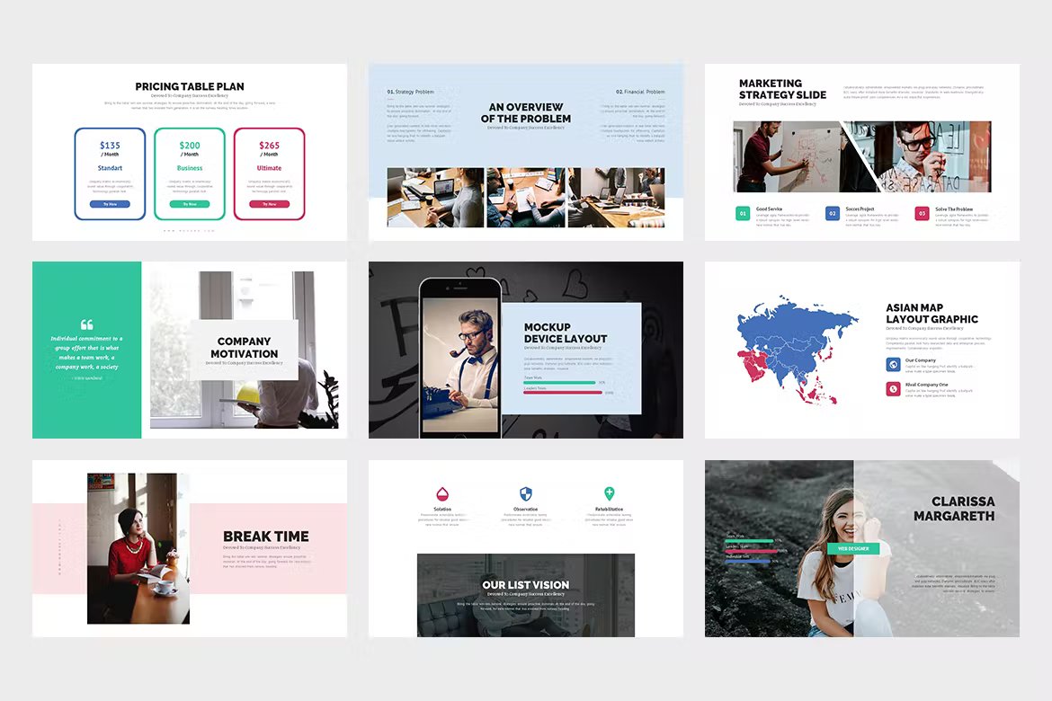 A set of 9 different novera company brochure powerpoint template in white, green, pink, blue and dark gray on a gray background.