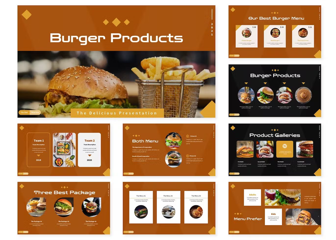 A set of 9 different burger products google slides templates in brown, yellow, white and black on a white background.