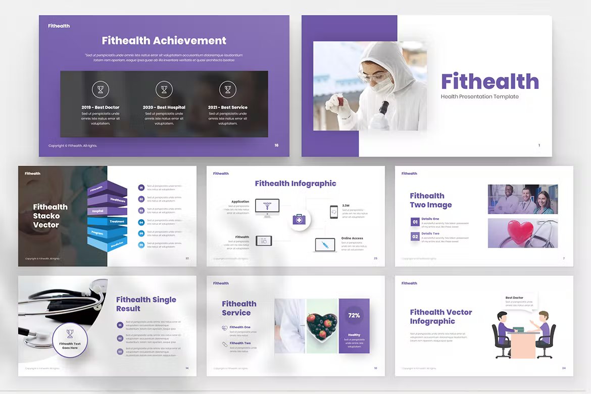 A set of 8 different fithealth health professional powerpoint templates in white, purple and black on a gray background.
