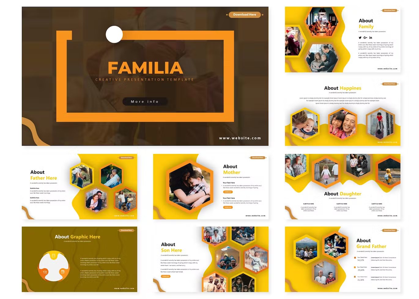 A set of 9 different familia google slides templates in yellow, white, orange, olive and black on a white background.