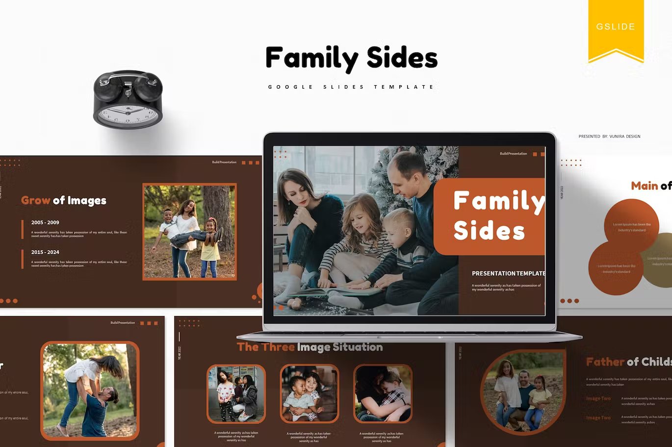 Black lettering "Family Sides Google Slides Template" and different presentation templates on a white background.