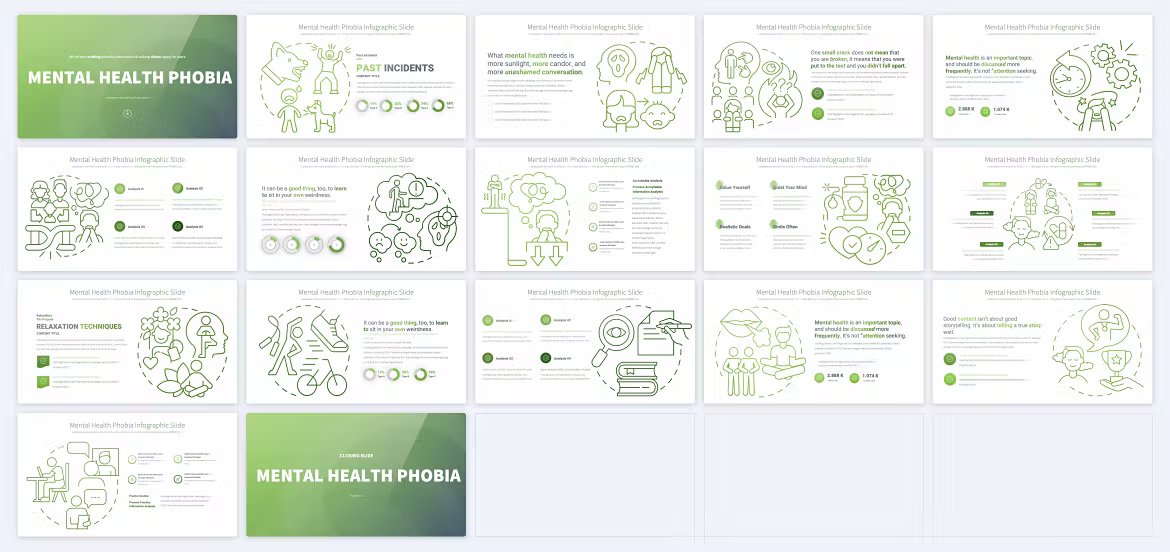 A set of 17 different mental health phobia - powerpoint templates in black, white and green on a gray background.