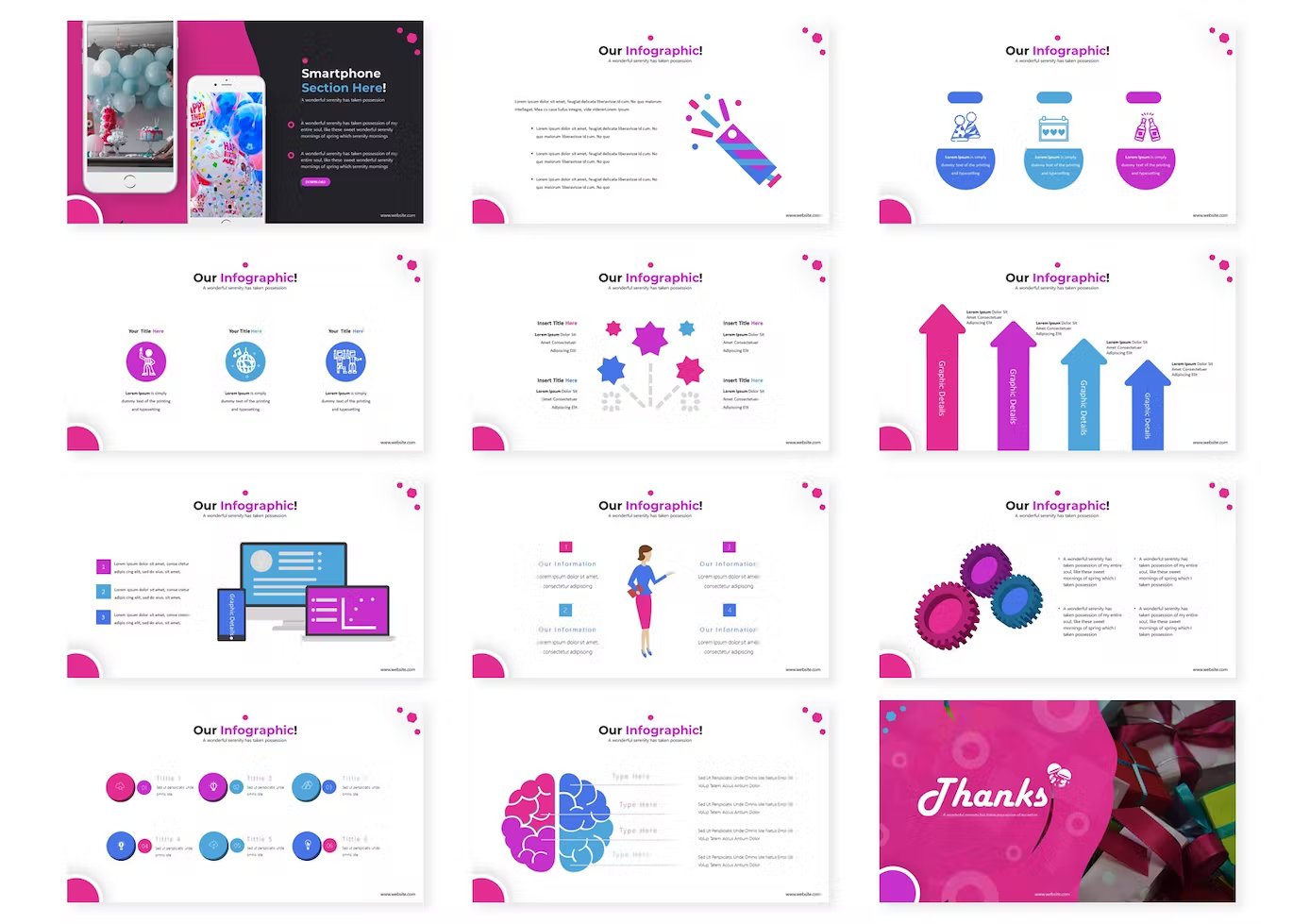 A set of 12 different surprise powerpoint templates in white, black, blue, purple and pink on a white background.