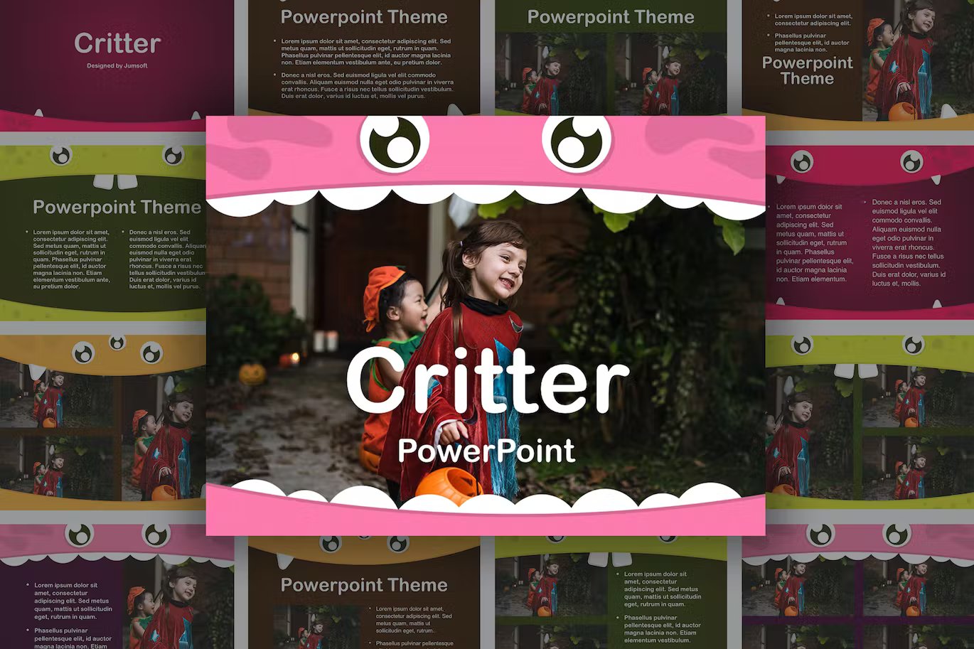 White lettering "Critter PowerPoint" on a photo with children in a pink critter on the background of different presentation templates.