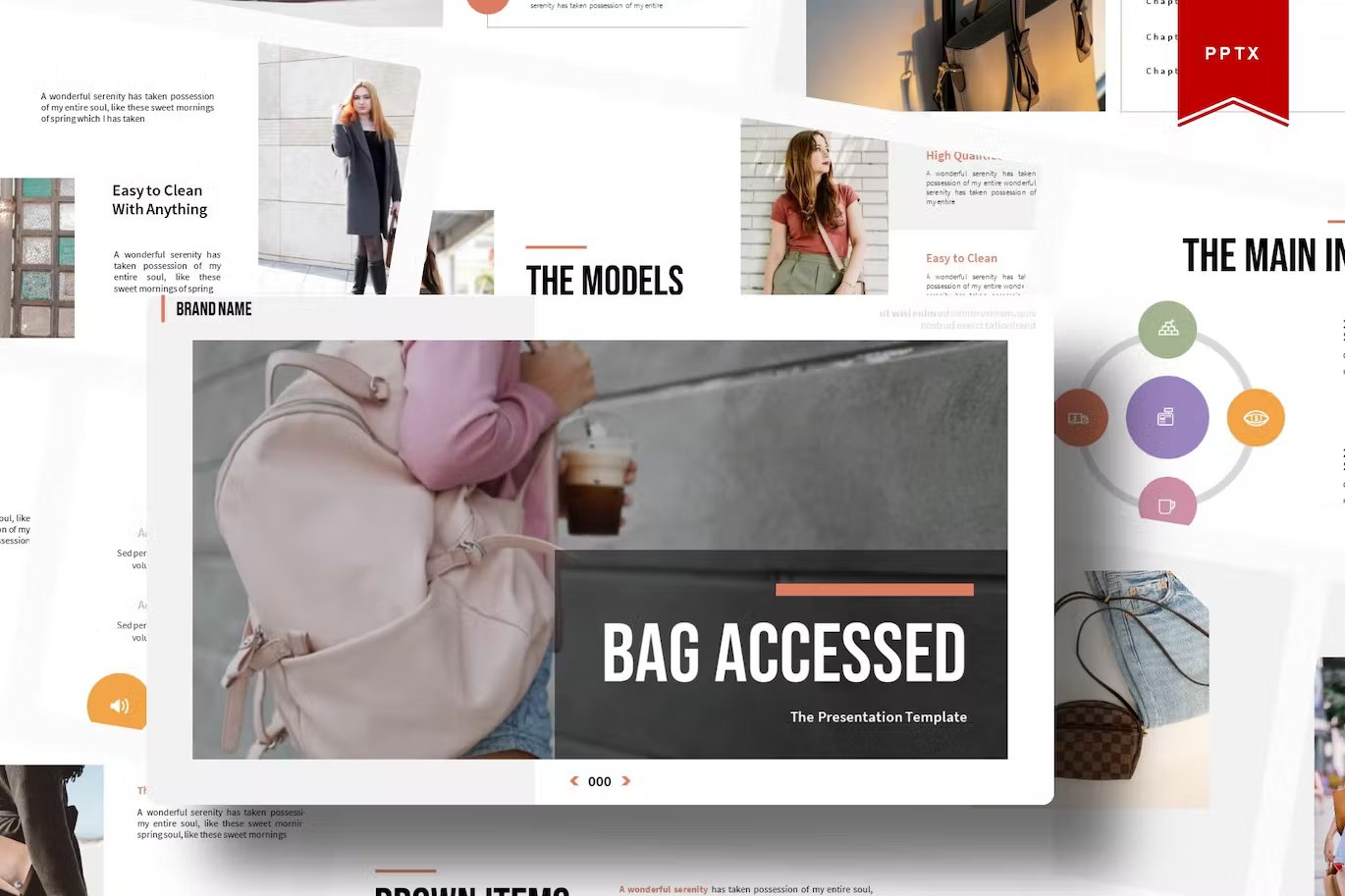 White lettering "Bag Accessed" and different presentation templates on the background of a beautiful image.