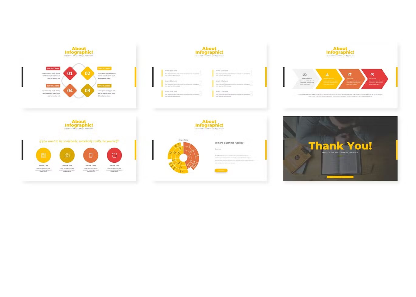 A set of 6 different executive - powerpoint templates in red, white and yellow on a white background.
