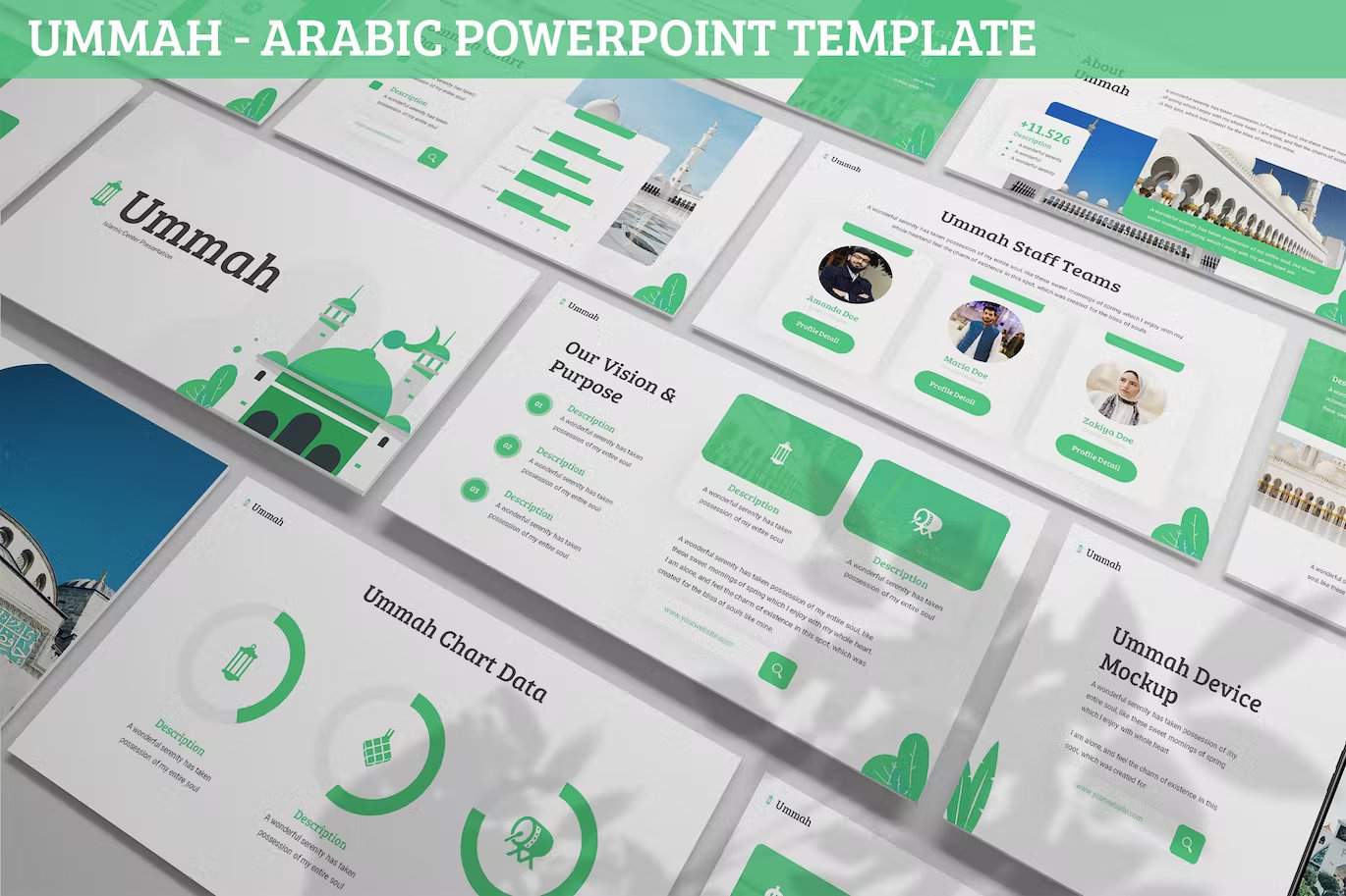 White lettering "Ummah - Arabic Powerpoint Template" on a green background and different presentation templates on a gray background.