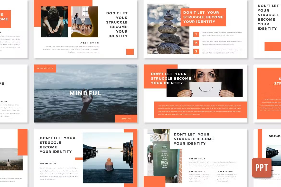 A set of different mental health templates in orange, white and black on a gray background.