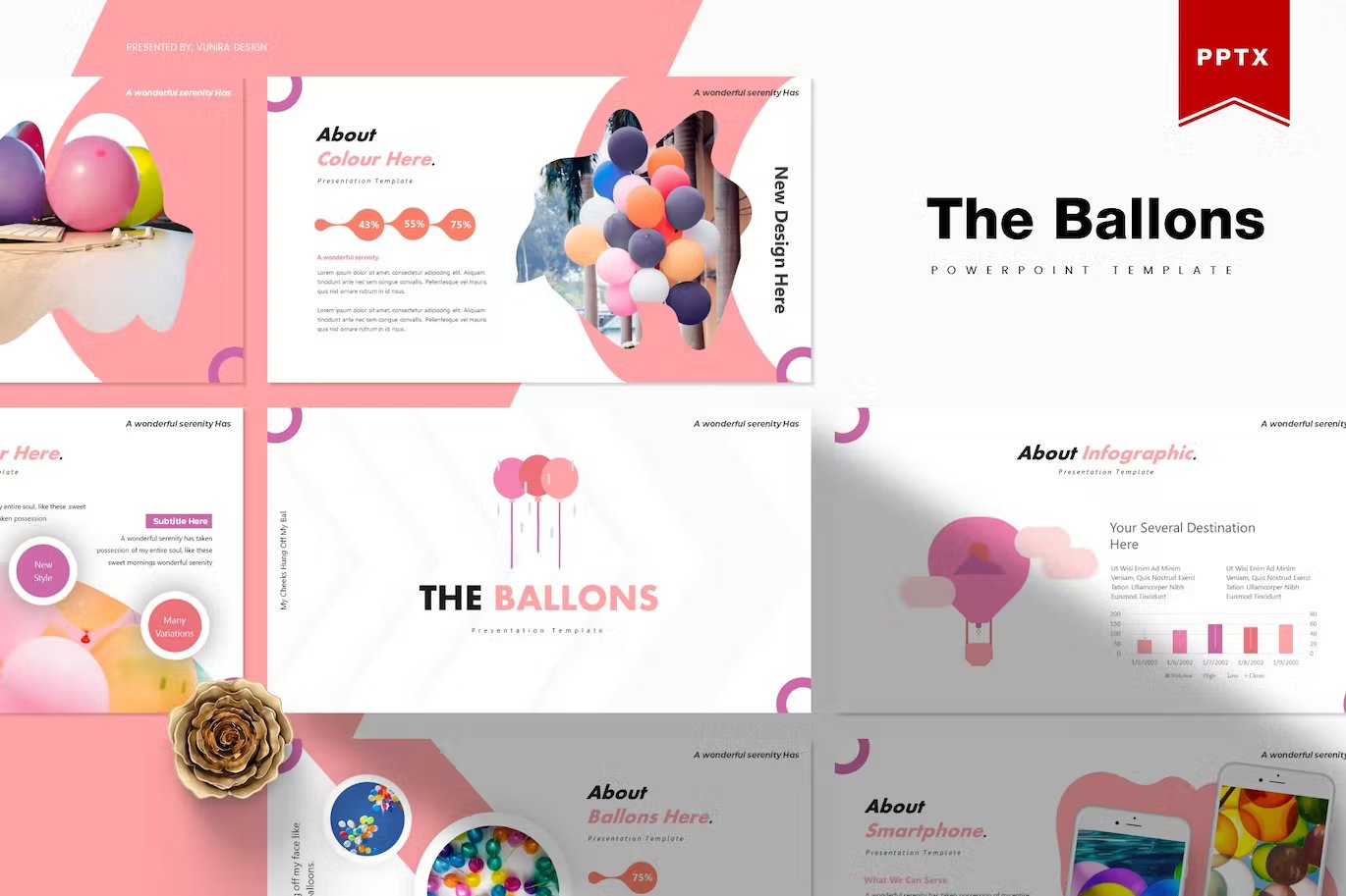 Black lettering "The Ballons Powerpoint Template" and different presentation templates in pink, white, purple and black on a white background.