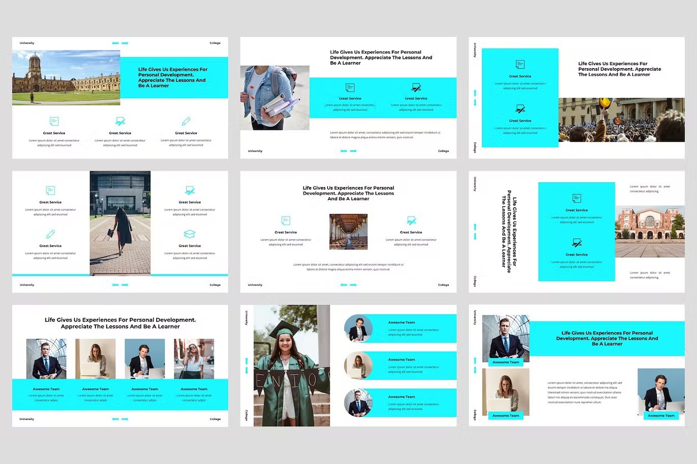A set of 9 different sinar universiteit presentation templates in light blue, white, gray and black on a gray background.