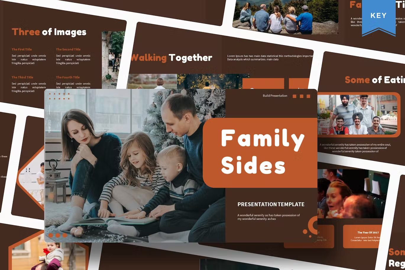 Family pages keynote template in brown, orange and white on the background of different presentation templates.