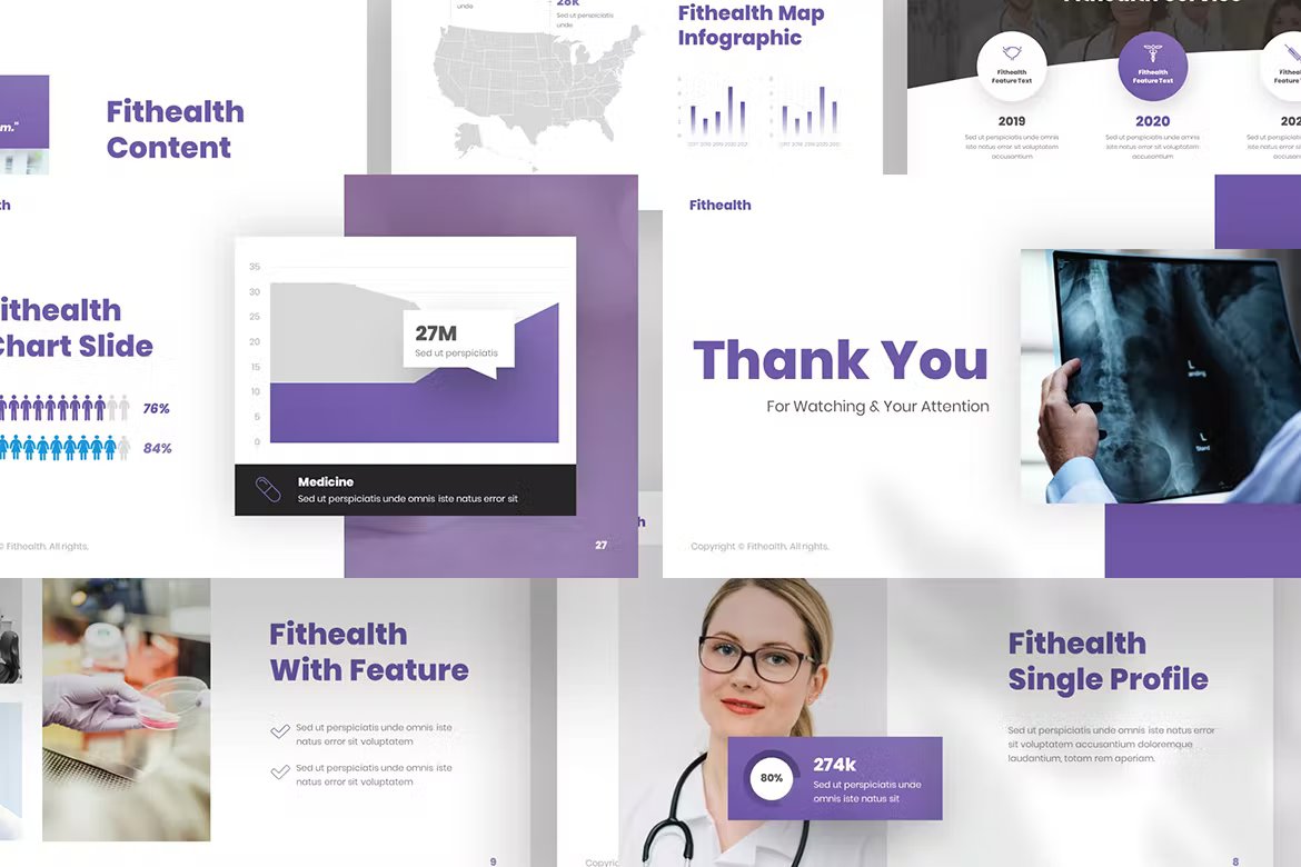 A set of different fithealth health professional powerpoint templates in white, purple and black on a gray background.