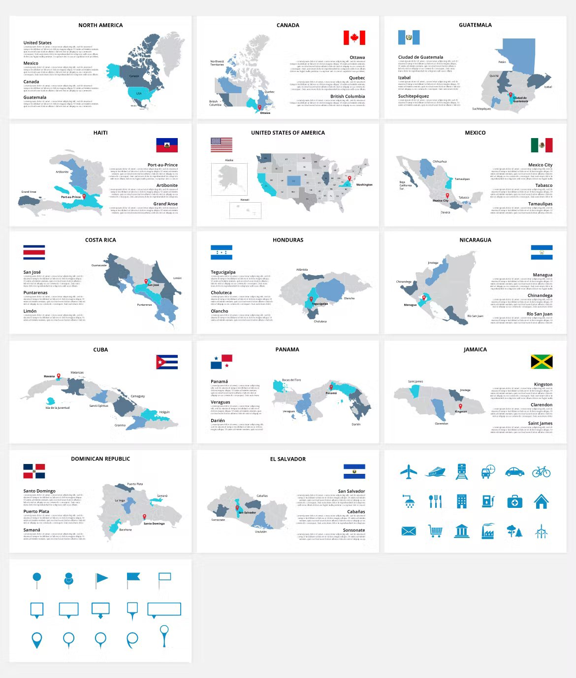 A set of 16 different animated north america maps powerpoint templates in gray, blue and white on a gray background.