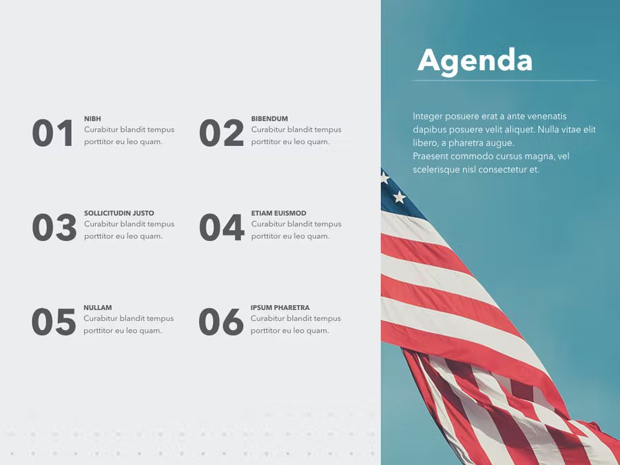 A turquoise and gray presentation template with white lettering "Agenda" and gray numbered list of 6 items.