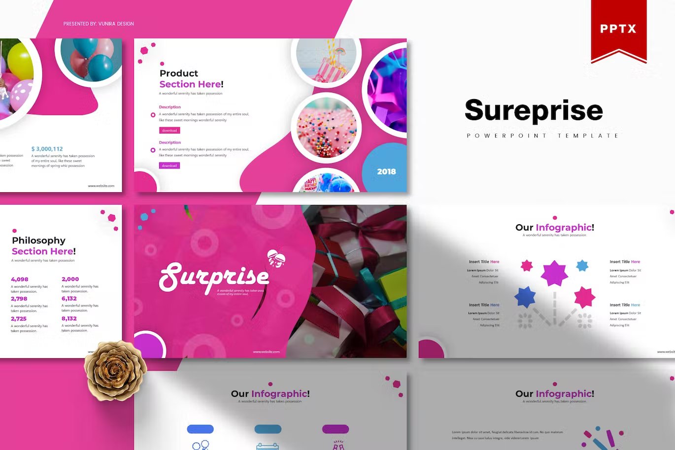 Black lettering "Sureprise Powerpoint Template" and different presentation templates in pink, white, purple and black on a white background.
