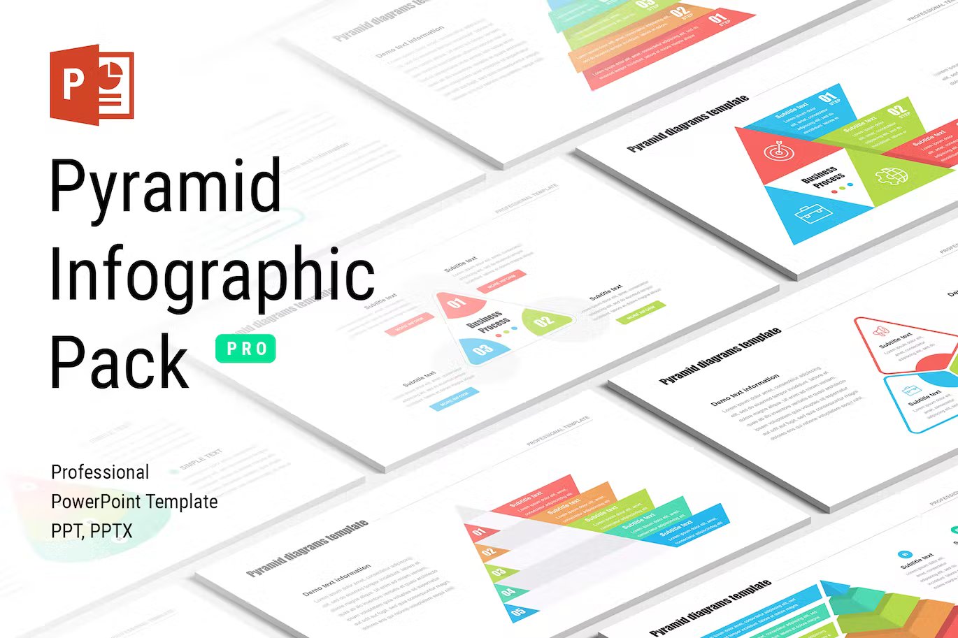 Black lettering "Pyramid Infographic Pack" on the background of different presentation templates.