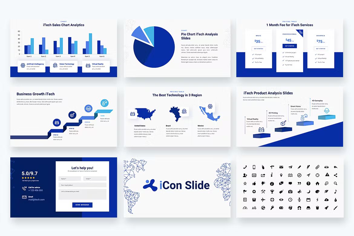 Minimalist 9 slides with different charts, icons and diagrams.