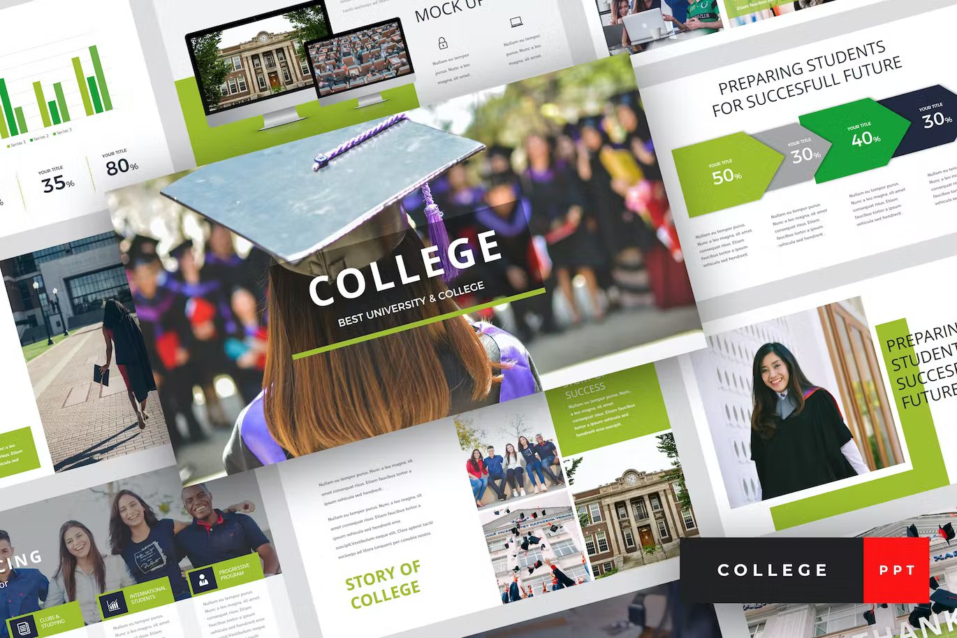 A set of different college university presentation templates in green, gray, white and black on a gray background.