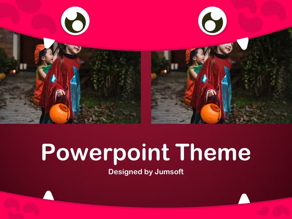 White lettering "Powerpoint Theme Designed by Jumsoft" and 2 photos with children on a pink background in a pink critter.