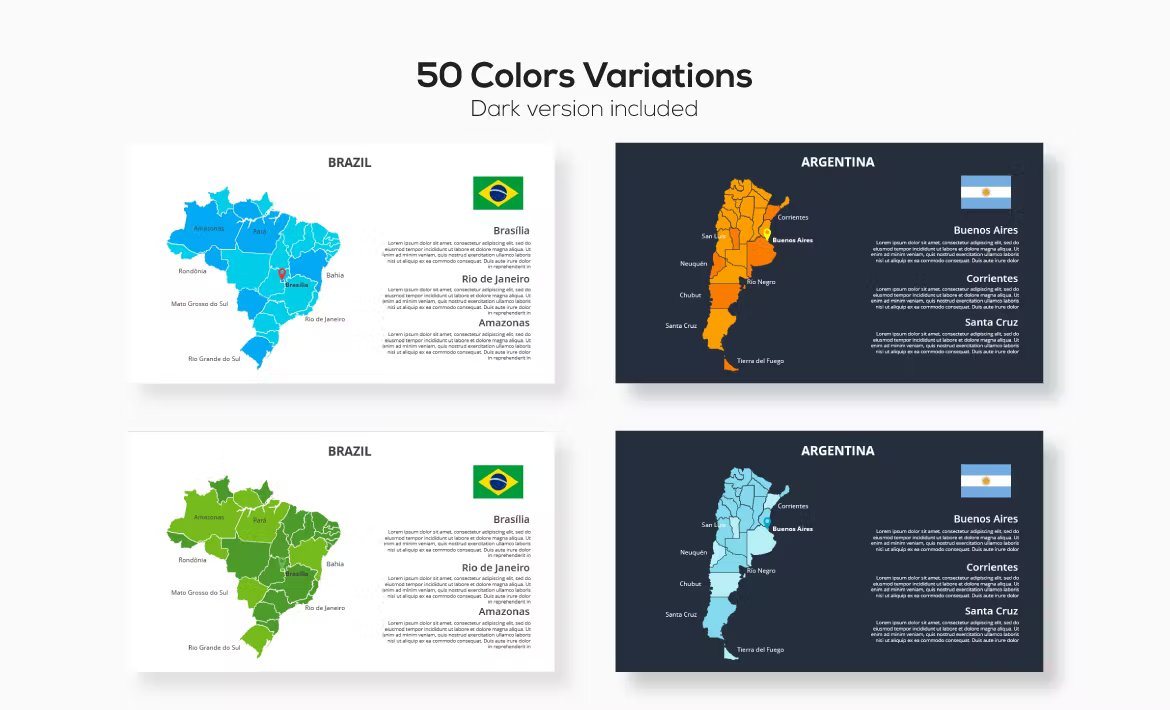 Black lettering "50 Colors Variations, Dark version included" and 4 different animated south america maps powerpoint templates on a gray background.