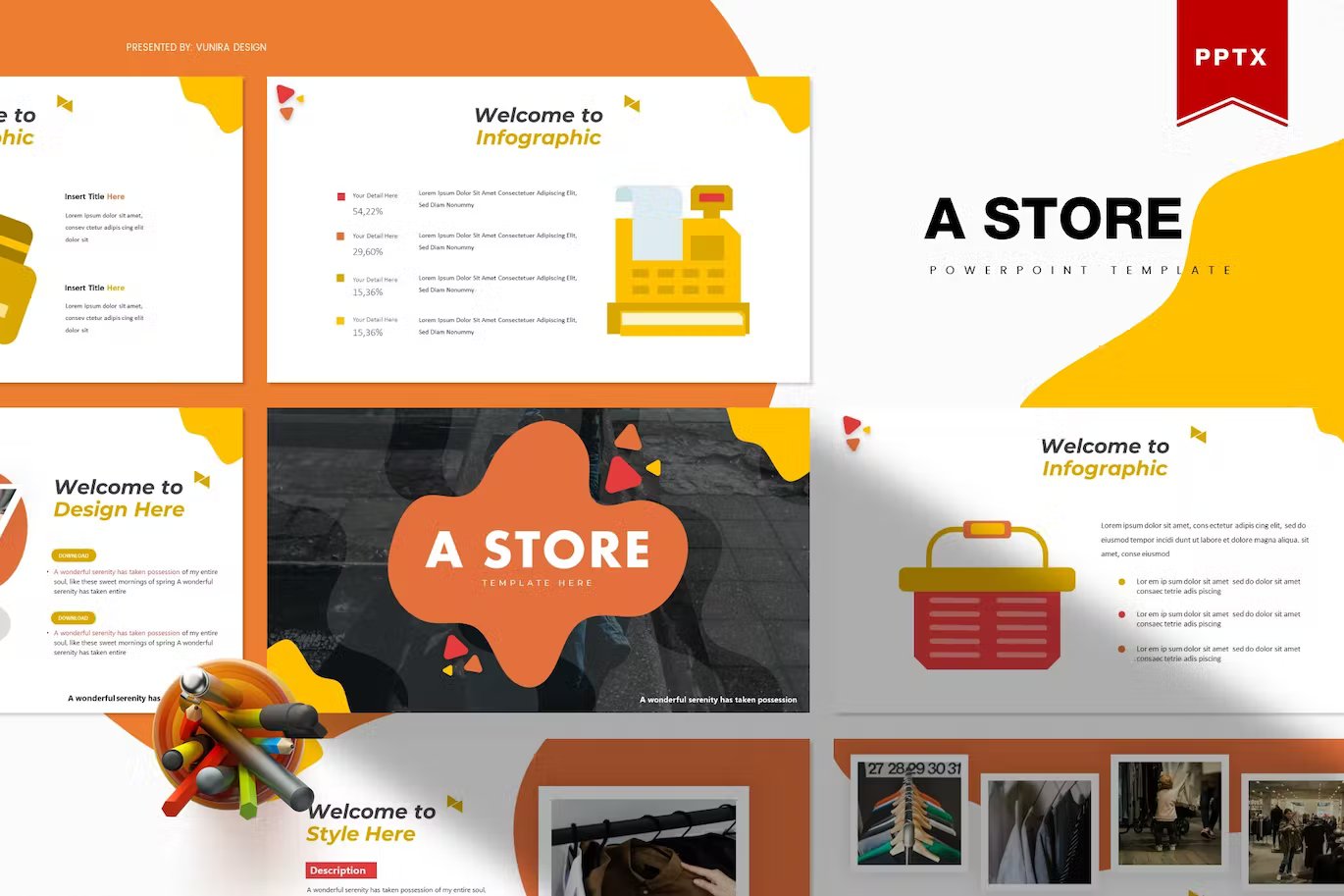 Black lettering "A Store Powerpoint Template" and different presentation templates on a white, orange and yellow background.