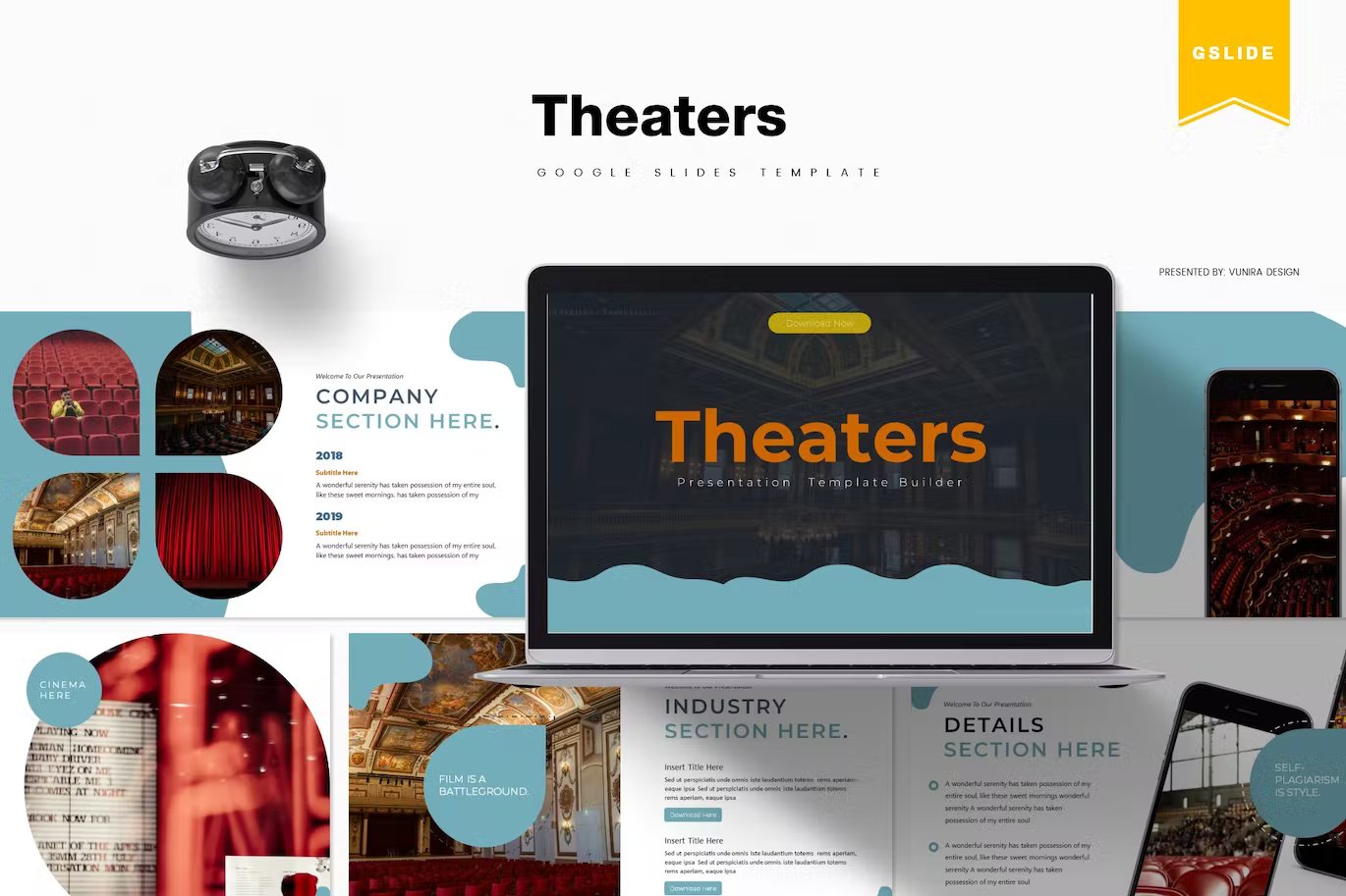 Black lettering "Theaters Google Slides Template" and different presentation templates on a white background.